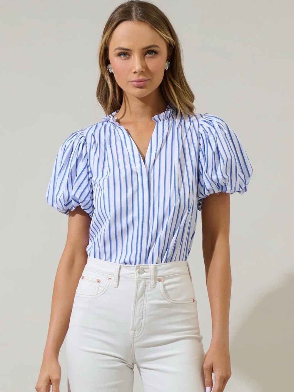 Sugarlips Blue & White Striped Puff Sleeve Blouse